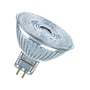 Osram LED MR16 5W 12V GU5,3 lampe med GU5,3 sokkel og to gyldne stifter, vist på hvid baggrund.