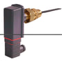 Siemens QVE1901 flow switch med gråt plasthus, rødt bånd og messing-kobling med sort føler.