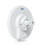 Ubiquiti UniFi Device Bridge Pro set bagfra med det hvide drejelige beslag og blå statusindikatorer.