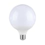 V-TAC LED-globepære G120 med hvid rund kuppel og E27-fatning set forfra på lys baggrund.
