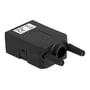 Lukket Delock adapter med mærkat og ventilation, viser et kompakt sort plasthus med drejehjul til kabelmontering.