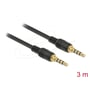DeLock stereojackkabel set tæt på med to sorte kabelender og firepolede 3,5 mm hanstik; grafikken angiver 3 meter.