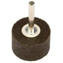 Tyrolit cylindrisk slibestift i mørkebrun bakelit med 40 mm diameter og 25 mm bredde, monteret på metal spindel.