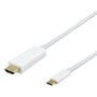 Deltaco USB-C til HDMI-kabel i hvid, 3 meter, set skråt med de guldfarvede stik i fokus.
