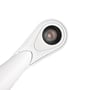 Lampehovedet på den hvide, genopladelige LED-bordlampe ses tæt på med den varme LED tændt.