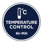 Rundt ikon for Vartas 'Temperature Control' funktion til Ni-MH batterier, vist med et termometer symbol.