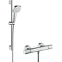 Hansgrohe Croma Select E Vario brusebadsæt i krom med bruserstang, håndbruser og termostatbatteri på hvid baggrund.