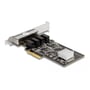 DeLOCK PCI Express x4-netværkskortet set fra en anden vinkel med portene og køleprofilen synlige.