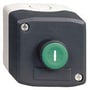 Schneider Electric trykknapkasse 1SL XALD101H29 med grøn START-knap, vist fra en let vinkel, fremhæver dens kompakte design.