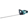 Makita 18V batteridrevet hækkeklipper med 60 cm knivlængde i turkis og sort, vist isoleret på hvid baggrund.