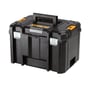 DeWalt Tstak dyb værktøjskasse i sort plast med gul detalje og foldbart håndtag, perfekt til opbevaring af værktøj.
