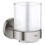 Grohe Essentials krystalglas med holder i børstet stål og klart glas, med Grohe logo på fronten.
