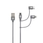 Skross 3-i-1 kabel i grå farve med 120 cm længde, der forbinder USB-A til Micro-B, USB-C og Lightning stik.