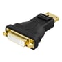 Deltaco DisplayPort til DVI-D Single Link-adapter i sort set skråt forfra, med DVI-stikkets kontaktflade tydelig.