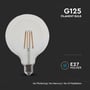 Grafik med V-TAC G125 LED-filamentpære, der viser den runde form og E27-fatningen.