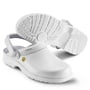 Sika Footwear Fusion Clog ESD med hælrem i hvid Permair læder, vist fra siden med fokus på sålen og mærket.