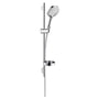 Hansgrohe Raindance Select S 120 brusesæt med tre stråletyper, glansfuldt krom, vist på hvid baggrund med brusehoved, stang og sæbeskål.