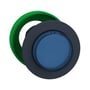 Schneider Electric Harmony XB5/ZB5 flush trykknap med blå LED, vist med grøn bagmonteringsring.