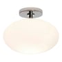 Nærbillede af Astro Lighting Zeppo loftlampe, med fokus på den glatte, runde opal glaskuppel og kromdetaljer.