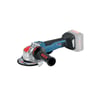 Bosch X-LOCK akku vinkelsliber GWX 18V-10 PSC i blå og sølv med et ekstra greb, klar til brug på hvid baggrund.