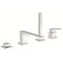 Grohe Eurocube etgrebsbatteri til kar/brus med 220mm tud i skinnende krom med fire separate dele på hvid baggrund.