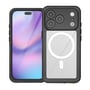 Det sorte 4smarts Stark-cover til iPhone 17 Pro vises forfra og bagfra med skærmramme og MagSafe-ring.