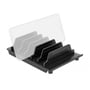 DeLock-holderen i sort med en tablet vist i en af pladserne til opbevaring af enheder.