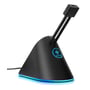 Detalje af Deltaco Gaming mouse bungee med blå RGB-belysning ved basen og logo på siden.