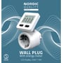 Nordic Quality energimåler med 230V/16A og et drejeligt 2” LCD display på mørkeblå baggrund med bølgemønster.