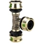 Viega Raxofix reduceret T-stykke med SC, 40 x 25 x 32 mm, vist forfra med de tre sorte pressåbninger synlige.