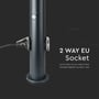Nærbillede af V-TAC pullertlampe, der viser 2-vejs EU-stik med specificeret effekt og strømstyrke.