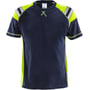 Fristads Flamestat T-shirt 7073 i mørk marine med kontrastpaneler i neon gul på skuldre og sider.
