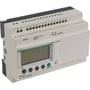 Schneider Electric Zelio Logic 12I/8U relæ med ur og display, 24VDC, hvid med grønne detaljer og synlige tilslutningsterminaler øverst.