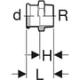 Diagram af Geberit Mapress overgang muffe/nippel, der viser dimensioner som 'd', 'R', 'H' og 'L'.