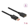 Sort DeLock DisplayPort-forlængerkabel med han- og hunstik vist tæt på; grafikken angiver 8K ved 60 Hz.