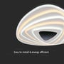 Nærbillede af V-TAC LED loftlampens indre design med flere lysringe og en trekantet, perforeret midte, med tekst 'Easy to install & energy efficient'.