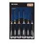 Bahco ERGO™ skruetrækkersæt BE-9886 med 6 dele, viser alle skruetrækkere på en blå baggrund i deres emballage.