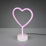 Heart LED bordlampe fra Trio Lighting i hvid plast, med lysende lyserød neon hjerteform og hvid base.