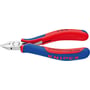 Knipex elektronik-skævbider 77 32 115 med lille facet, rød/blå greb og sort tekst med produktinformation.