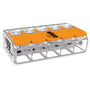 Wago 221 fjedersamlemuffe med fem orange betjeningshåndtag og transparent hus til 0,5-6 mm² ledere.