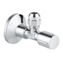 Grohe vinkelventil i krom med 1/2" vægtilslutning og 3/8" udløb, fremstillet af messing med GROHE StarLight krombelægning.