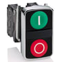 Schneider Electric dobbelt trykknaphoved med grøn og rød knap, sort bezel og krom frontring på 22mm.
