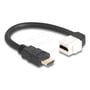 Delock HDMI-keystone-modul med 20 cm sort kabel, hvor det vinklede hanstik og hunstikket ses fra en anden vinkel.