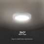 V-TAC rund LED-loftslampe på 12 W ses nedefra med lysende flade og grafik om 360 graders lysvinkel.