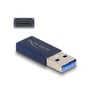 DeLock adapter, blå, set fra siden med USB-A hanstik og USB-C hunstik. Lille billede viser USB-C porten tæt på.