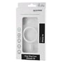 Essentials transparent magnetcover til iPhone 16 ses gennem emballagens vindue, her med pakken drejet let til siden.