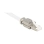 Delock RJ45 stik, Cat.6A, STP, grå, tilsluttet et hvidt netværkskabel og klar til brug.