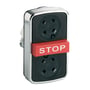 Nærbillede af Schneider Electric Harmony XB4 tryppelhoved, med synlig "STOP" knap og sorte knapper for 22mm installation.