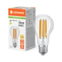 Ledvance LED-standardpære med klar glaskolbe ved siden af æsken, der viser 18 W, 2452 lm og E27-sokkel.