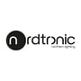 Logo for Nordtronic, 'nordic lighting', med et sort cirkulært symbol til venstre for teksten.